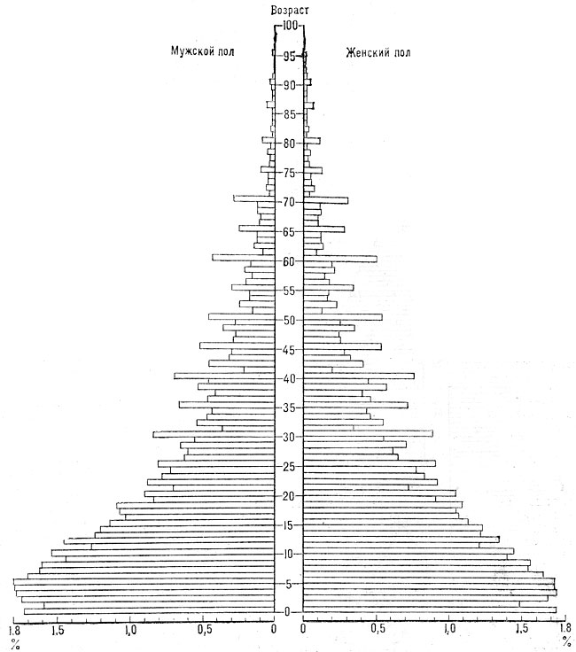 Рис. 2. Возрастная пирамида населения Мексики на 28.01.1970