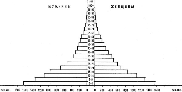 Возрастно-половая пирамида населения Алжира. 1975