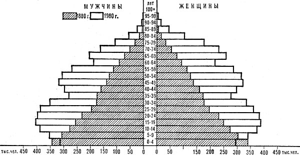 Возрастно-половая пирамида населения Бельгии. 1880,1980