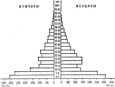 Возрастно-половая пирамида населения Бенина. 1975