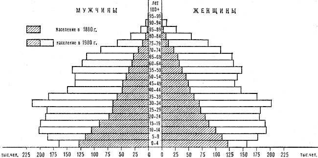 Возрастно-половая пирамида населения Дании. 1880, 1980