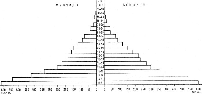 Возрастно-половая пирамида населения Камеруна. 1976