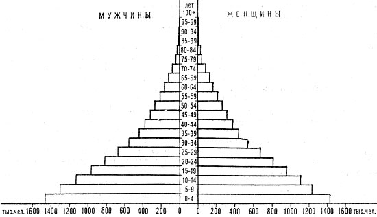 Возрастно-половая пирамида населения Перу. 1980