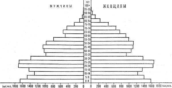 Возрастно-половая пирамида населения Польши. 1980