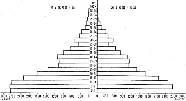 Возрастно-половая пирамида населения Турции. 1975